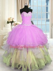 Custom Design Sleeveless Floor Length Appliques and Ruffled Layers Lace Up Vestidos de Quinceanera with Multi-color
