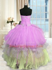 Custom Design Sleeveless Floor Length Appliques and Ruffled Layers Lace Up Vestidos de Quinceanera with Multi-color