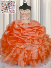 Clearance Orange Red Organza Lace Up 15 Quinceanera Dress Sleeveless Floor Length Beading and Ruffles and Pick Ups
