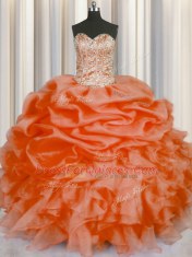 Clearance Orange Red Organza Lace Up 15 Quinceanera Dress Sleeveless Floor Length Beading and Ruffles and Pick Ups