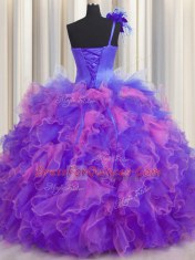 Classical Handcrafted Flower One Shoulder Sleeveless Tulle Sweet 16 Dresses Beading and Ruffles and Hand Made Flower Lace Up