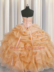 Elegant Gold Lace Up Sweetheart Beading and Ruffles Quinceanera Dress Organza Sleeveless