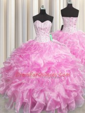 Comfortable Visible Boning Zipper Up Rose Pink Sweetheart Zipper Beading and Ruffles Quinceanera Gowns Sleeveless