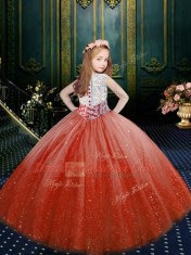 Dramatic Scoop Orange Red Ball Gowns Appliques Little Girl Pageant Dress Clasp Handle Tulle Sleeveless Floor Length