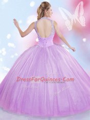 Extravagant Sleeveless Tulle Floor Length Lace Up Quinceanera Gowns in Lavender with Beading