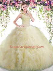 Light Yellow High-neck Backless Beading and Ruffles Quinceanera Gowns Sleeveless