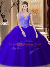 Custom Design Royal Blue Ball Gowns Tulle V-neck Sleeveless Lace and Appliques and Pick Ups Floor Length Backless Vestidos de Quinceanera