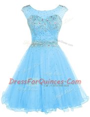 Inexpensive Knee Length Baby Blue Dress for Prom Tulle Sleeveless Beading
