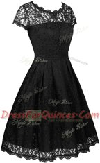 Super Scalloped Black Short Sleeves Knee Length Lace Zipper Prom Dress
