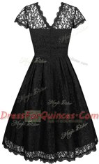 Super Scalloped Black Short Sleeves Knee Length Lace Zipper Prom Dress