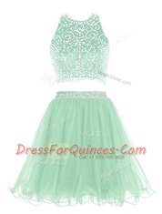 New Style Halter Top Sleeveless Organza Mini Length Clasp Handle Prom Evening Gown in Apple Green with Beading