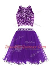 Mini Length Purple Dress for Prom Scoop Sleeveless Clasp Handle