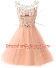 Peach A-line Scoop Sleeveless Chiffon Knee Length Zipper Beading Dress for Prom