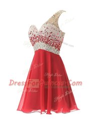 Red One Shoulder Criss Cross Beading Prom Dresses Sleeveless
