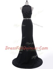 Scoop Black Sleeveless With Train Beading and Lace Side Zipper Dress for Prom