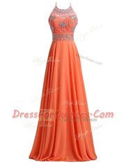 Pretty Chiffon Scoop Sleeveless Sweep Train Zipper Beading and Belt Prom Dress in Orange Red