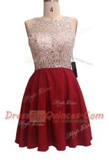 High Quality Sequins Scoop Sleeveless Zipper Dress for Prom Wine Red Chiffon