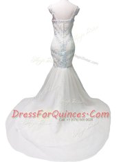 Graceful Mermaid Straps Sleeveless Tulle With Train Court Train Zipper Prom Gown in White with Beading