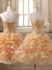 Sleeveless Organza Tea Length Lace Up Prom Dresses in Gold with Beading and Ruffles