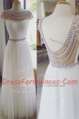 Sumptuous Cap Sleeves Tulle Floor Length Zipper in White with Beading