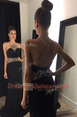 Superior Mermaid Halter Top Black Sleeveless Brush Train Beading With Train Dress for Prom