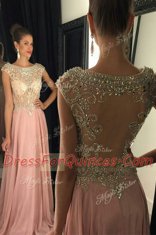 Scoop Sleeveless Floor Length Beading and Sequins Zipper Homecoming Dress with Pink
