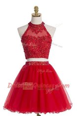 Superior Knee Length Red Prom Gown Halter Top Sleeveless Zipper