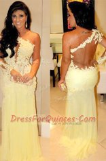 Suitable One Shoulder Floor Length Side Zipper Evening Dress Light Yellow for Prom and Party with Lace
