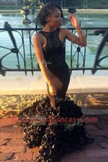 Super Mermaid Scoop Black Sleeveless Floor Length Lace Backless Prom Gown