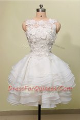 Scoop White A-line Lace Prom Evening Gown Zipper Organza and Lace Sleeveless Knee Length