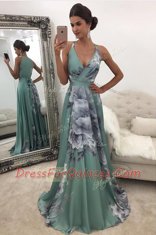 Printed Sleeveless Sweep Train Zipper With Train Pattern Prom Party Dress