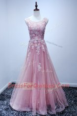 High End Scoop Pink A-line Appliques Evening Dress Lace Up Tulle Sleeveless Floor Length