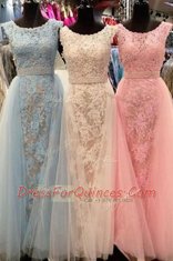 New Arrival Sweep Train A-line Prom Dress Light Blue Scoop Tulle Sleeveless With Train Zipper