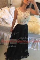 Sweet Scoop White And Black Lace Side Zipper Sleeveless Floor Length Beading and Lace