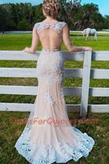 Scoop Champagne Mermaid Beading and Appliques Prom Dresses Backless Tulle Sleeveless With Train