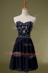 Navy Blue Chiffon Zipper Homecoming Dress Sleeveless Knee Length Embroidery