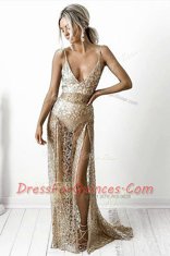 Pretty Sleeveless With Train Lace Backless Prom Evening Gown with Champagne Brush Train