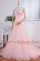 Sweetheart Sleeveless Evening Dress With Train Sweep Train Beading and Ruching Pink Organza