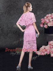 Great Lace Knee Length Pink Prom Dress Scoop Half Sleeves Zipper