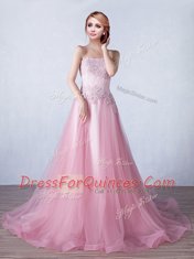 Super Strapless Sleeveless Tulle Appliques Brush Train Lace Up