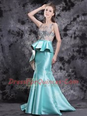Fabulous Mermaid Aqua Blue Homecoming Dress Scoop Sleeveless Brush Train Zipper