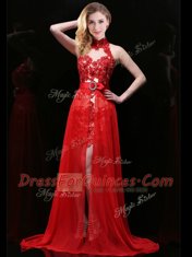 Halter Top Sleeveless Brush Train Backless Evening Dress Coral Red Chiffon and Lace