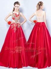 Scoop Sleeveless Lace Up Dress for Prom Red Elastic Woven Satin