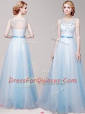 New Arrival Light Blue Scoop Lace Up Appliques and Bowknot Dress for Prom Sleeveless