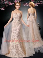 Peach Strapless Lace Up Lace and Belt Prom Gown Brush Train Sleeveless