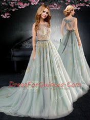 Popular Backless Scoop Sleeveless Prom Dresses With Brush Train Appliques and Bowknot Apple Green Tulle