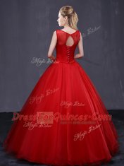 Scoop Red Sleeveless Tulle Lace Up Quince Ball Gowns for Military Ball and Sweet 16 and Quinceanera