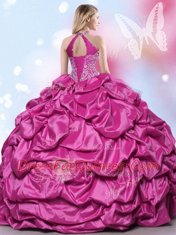 Halter Top Pick Ups Fuchsia Sleeveless Taffeta Lace Up Sweet 16 Quinceanera Dress for Military Ball and Sweet 16 and Quinceanera