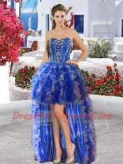Organza Sweetheart Sleeveless Lace Up Appliques and Ruffles Prom Gown in Royal Blue