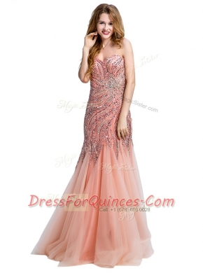 Great One Shoulder Peach Mermaid Beading Prom Party Dress Side Zipper Tulle Sleeveless Floor Length